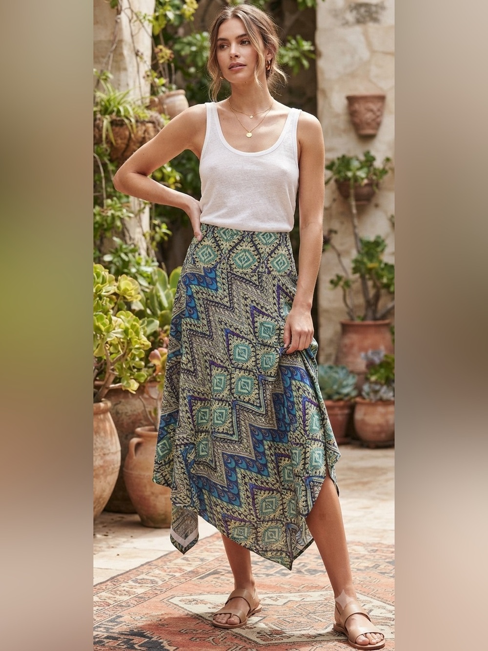 MELISSA PAIGE Peacock Asymmetric Skirt Sz M Geometric High Waist Boho Maxi